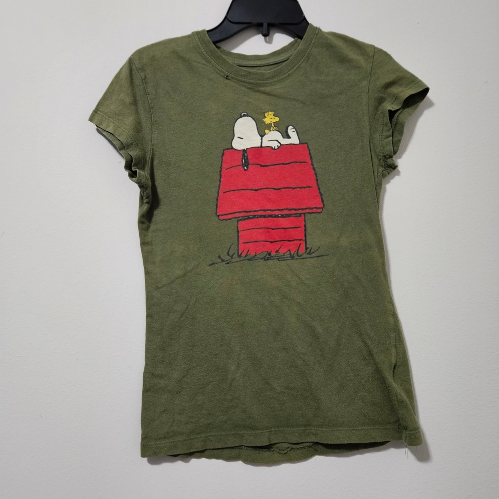 Peanuts Snoopy Woodstock Doghouse Graphic Tee Olive Green Small S 3/5 Cotton
